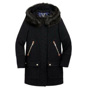 NWT JCrew Chateau Parka Jacket Coat Womens 24 Black Hooded Stadium Cloth NEW